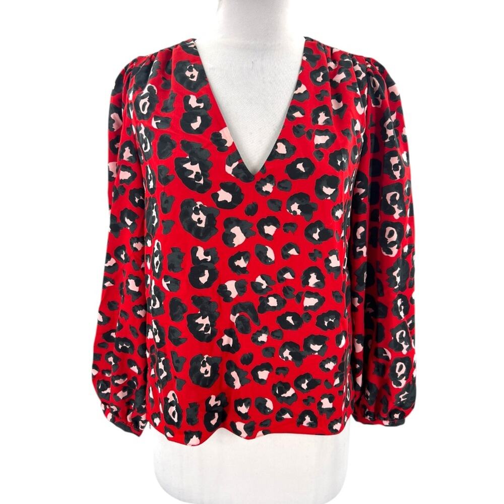 Anna Cate Red Pink Leopard Print V Neck Blouse Sz S